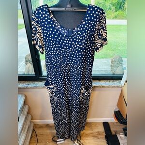 All That Jazz Vintage Navy Polka Dot Wide Leg Relaxed Fit Jumpsuit Size 7/8